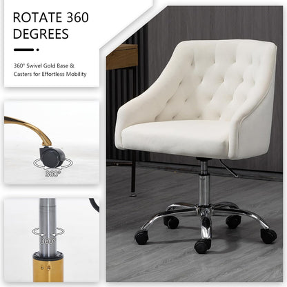 Ivory Velvet Office Chair Tufted Adjustable Swivel Vanity Chair with Wheels