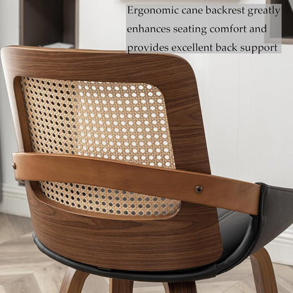 Walnut Rattan Dining Chair with Cane Back Black Upholstered Seat and Arms