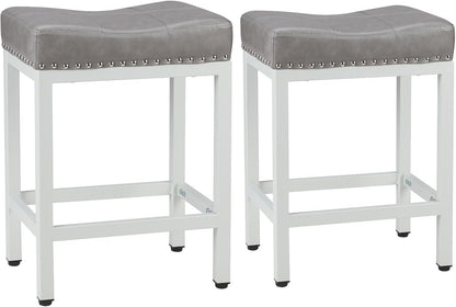 24 Inch Grey Counter Stools Set of 2 Upholstered Saddle Bar Chairs