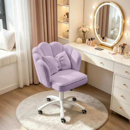 Purple Velvet Petal Vanity Chair Swivel Rolling Desk Chair with Bow Cushion