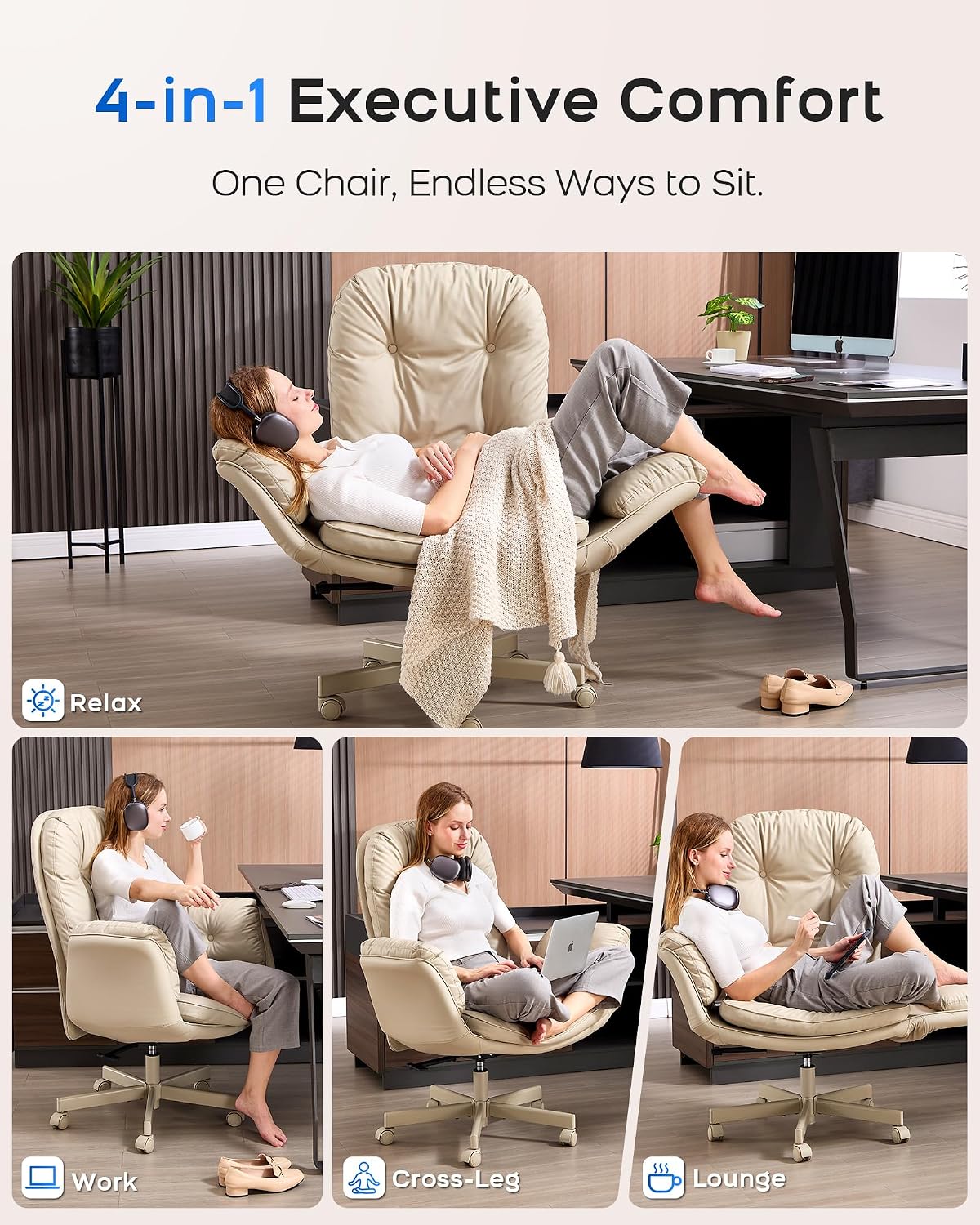 Beige Executive Office Chair Wide Seat Reclining High Back Rolling Desk Chair
