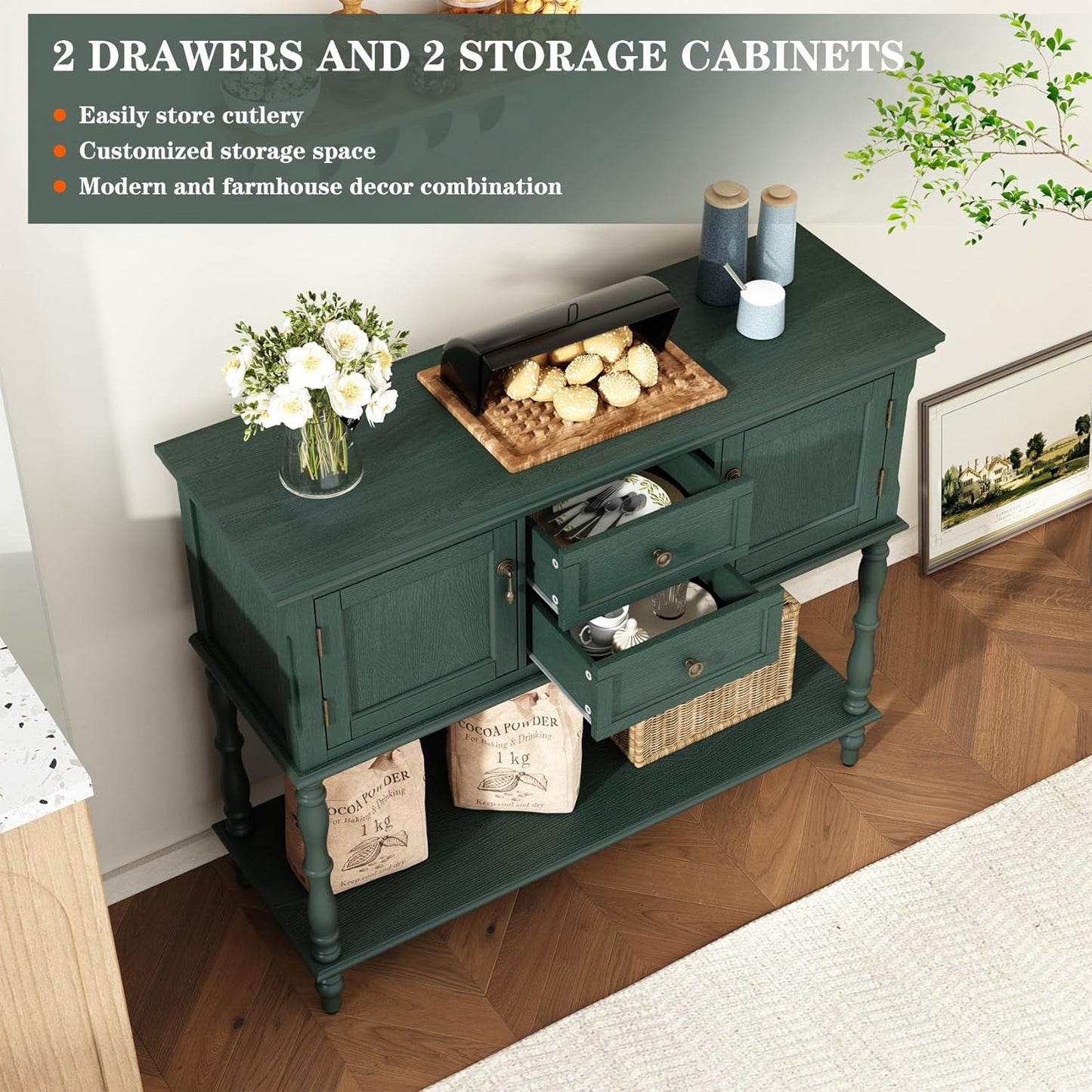 Vintage Green Console Table with 2 Drawers Cabinets and Open Storage Shelf
