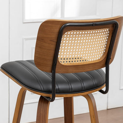 Walnut Rattan Swivel Bar Stool Cane Back Beige Faux Leather 30 Inch