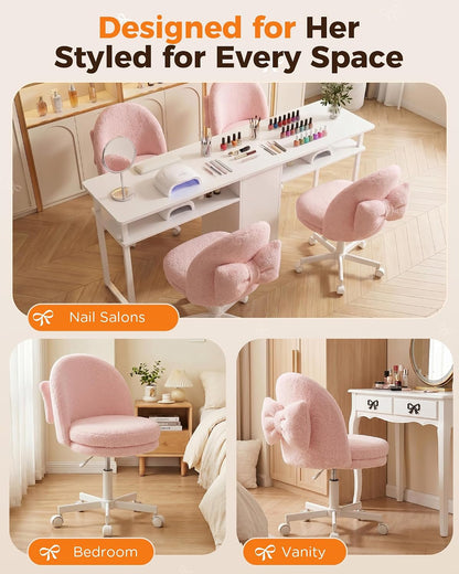 Pink Velvet Vanity Chair Adjustable Swivel Rolling Desk Chair with Lumbar Pillow