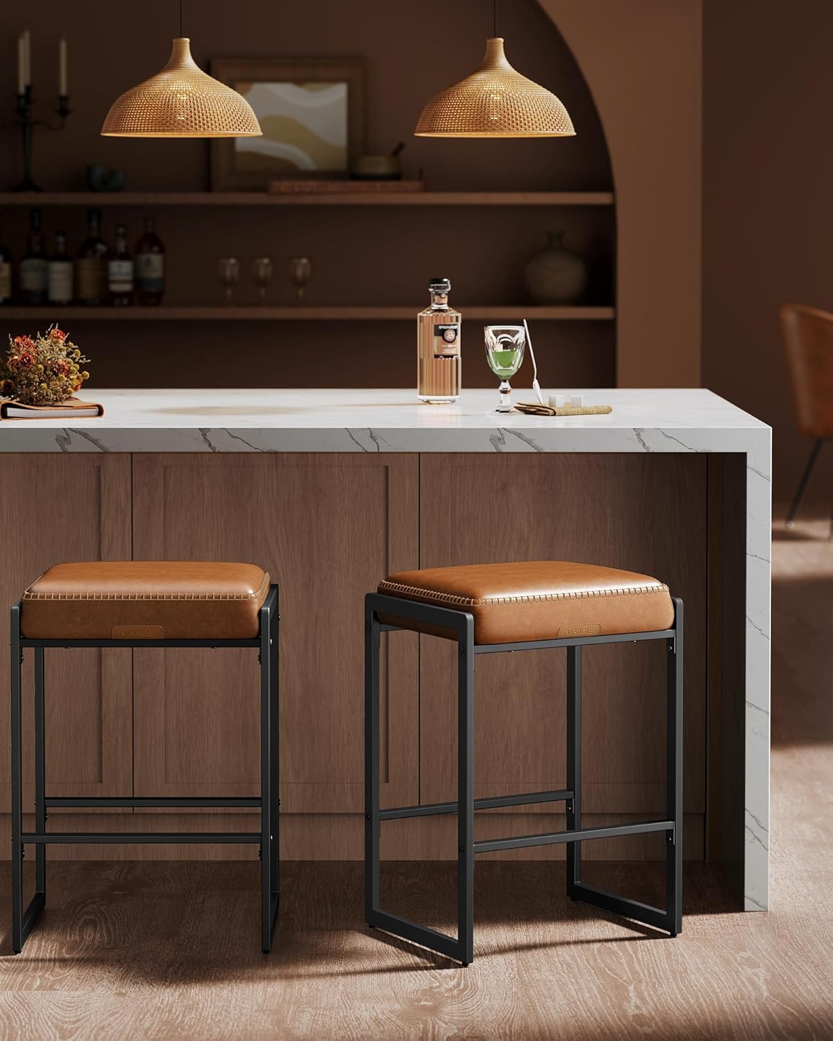 26 Inch Caramel Brown Counter Stool Upholstered Saddle Kitchen Bar Chair