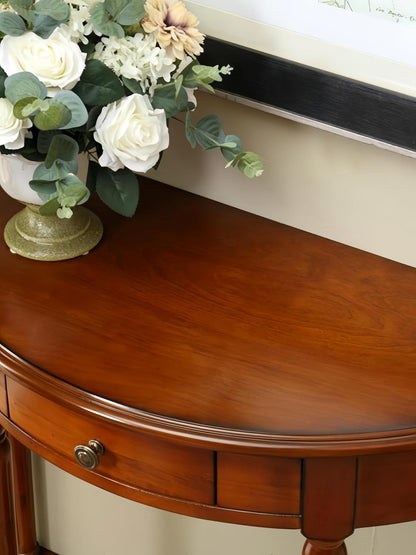 Solid Wood Half Moon Console Table with Drawer Cherry Wood Entryway Table