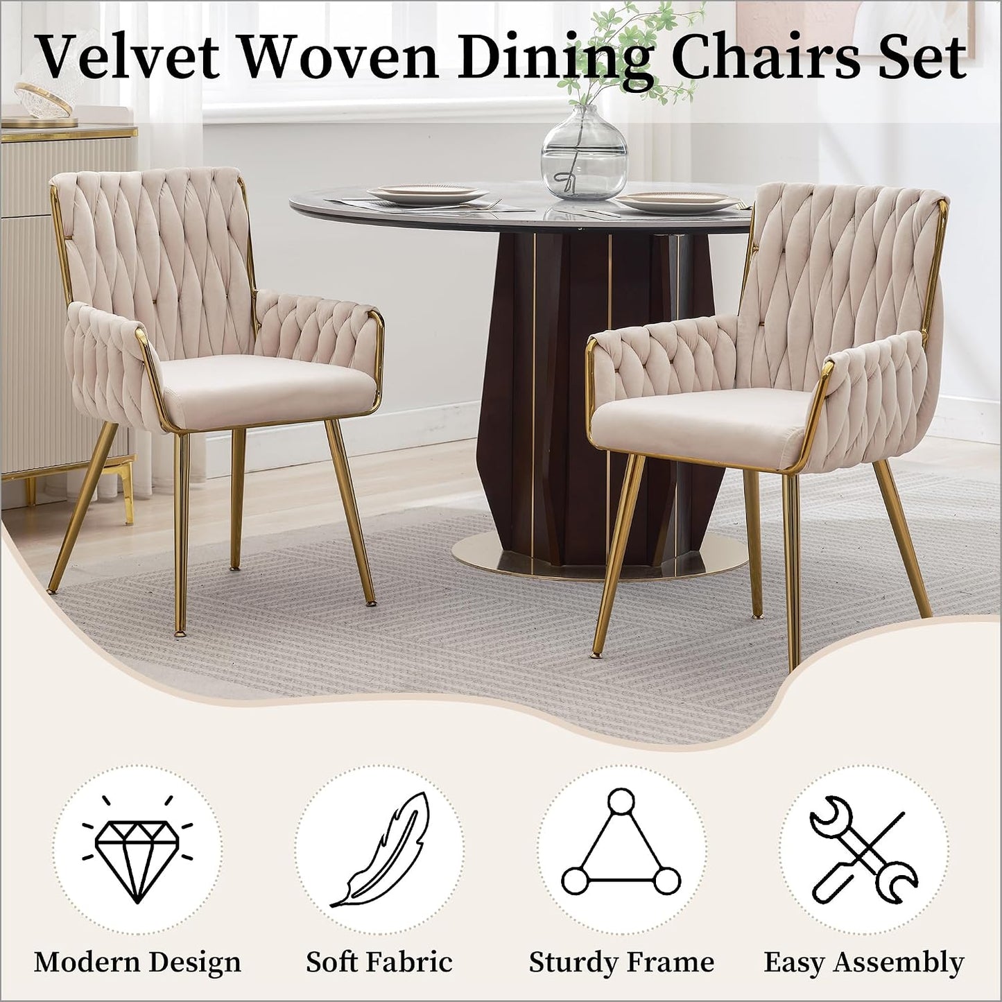 Beige Velvet Accent Chair Hand Woven Upholstered Armchair with Gold Metal Legs
