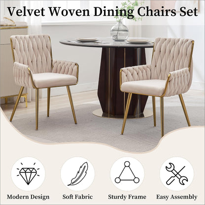 Beige Velvet Accent Chair Hand Woven Upholstered Armchair with Gold Metal Legs