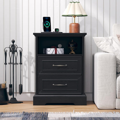 Farmhouse Nightstand with Charging Station 2 Drawers Off White Bedside Table