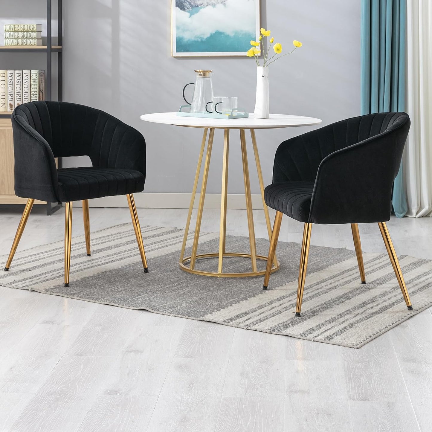 Light Gray Velvet Desk Chair Tufted Vanity Armchair with Gold Metal Legs