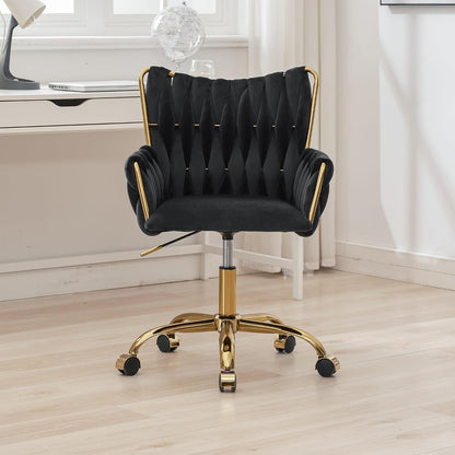 Black Velvet Swivel Desk Chair Hand Woven High Back Gold Base Adjustable Height