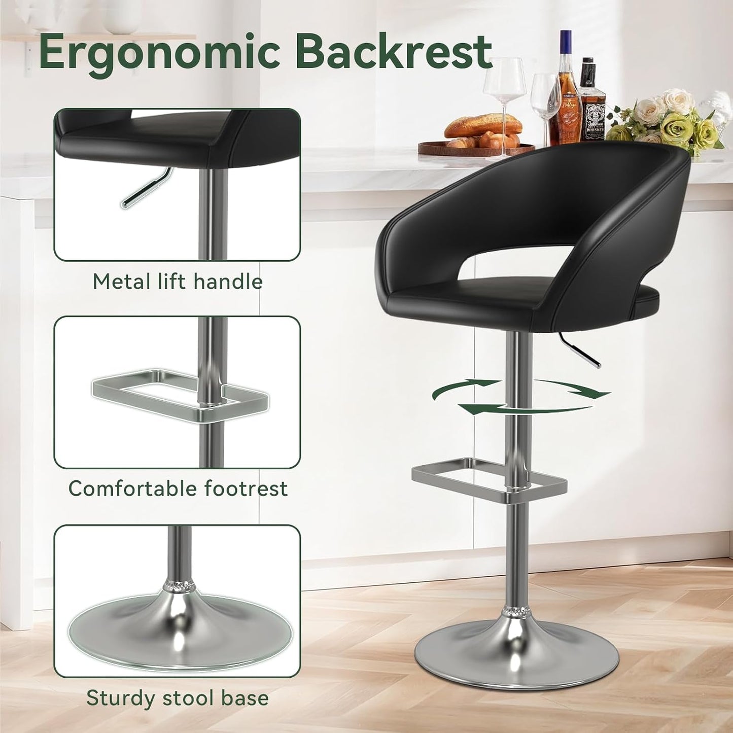 Black Adjustable Swivel Bar Stool Modern Faux Leather Counter Height Chair