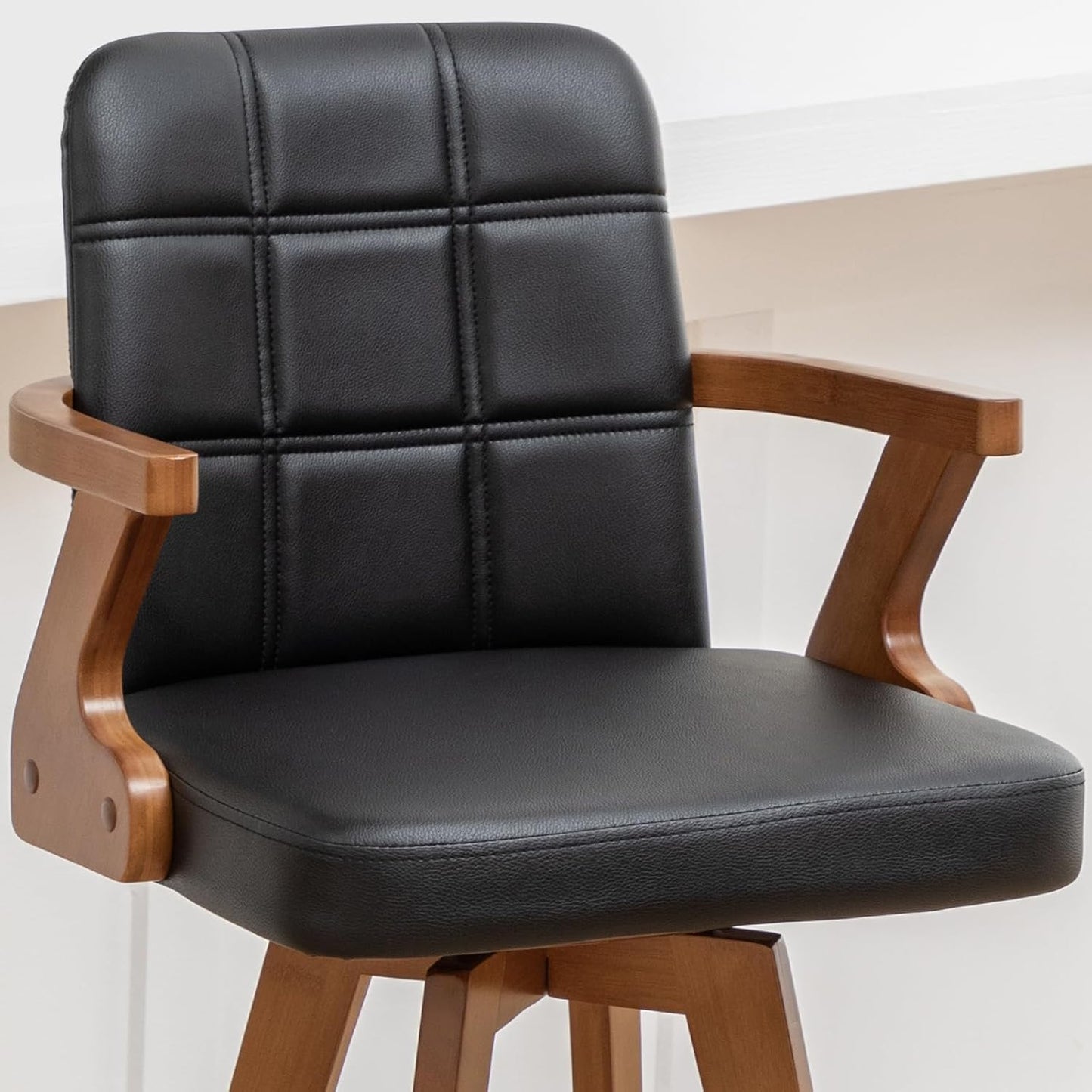 Walnut Black Swivel Counter Stool with Arms Mid Century Upholstered Bar Chair