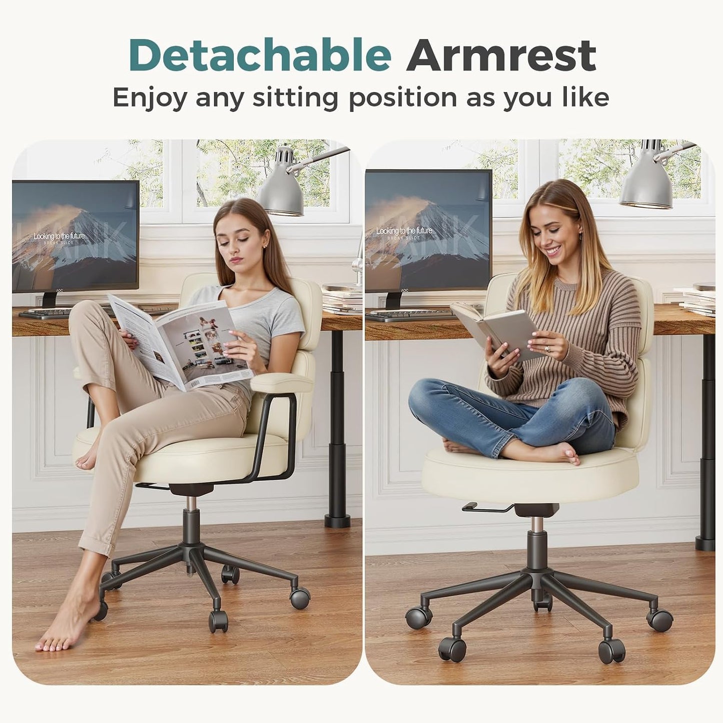 Beige Faux Leather Office Chair Adjustable Swivel Rolling Ergonomic Desk Chair