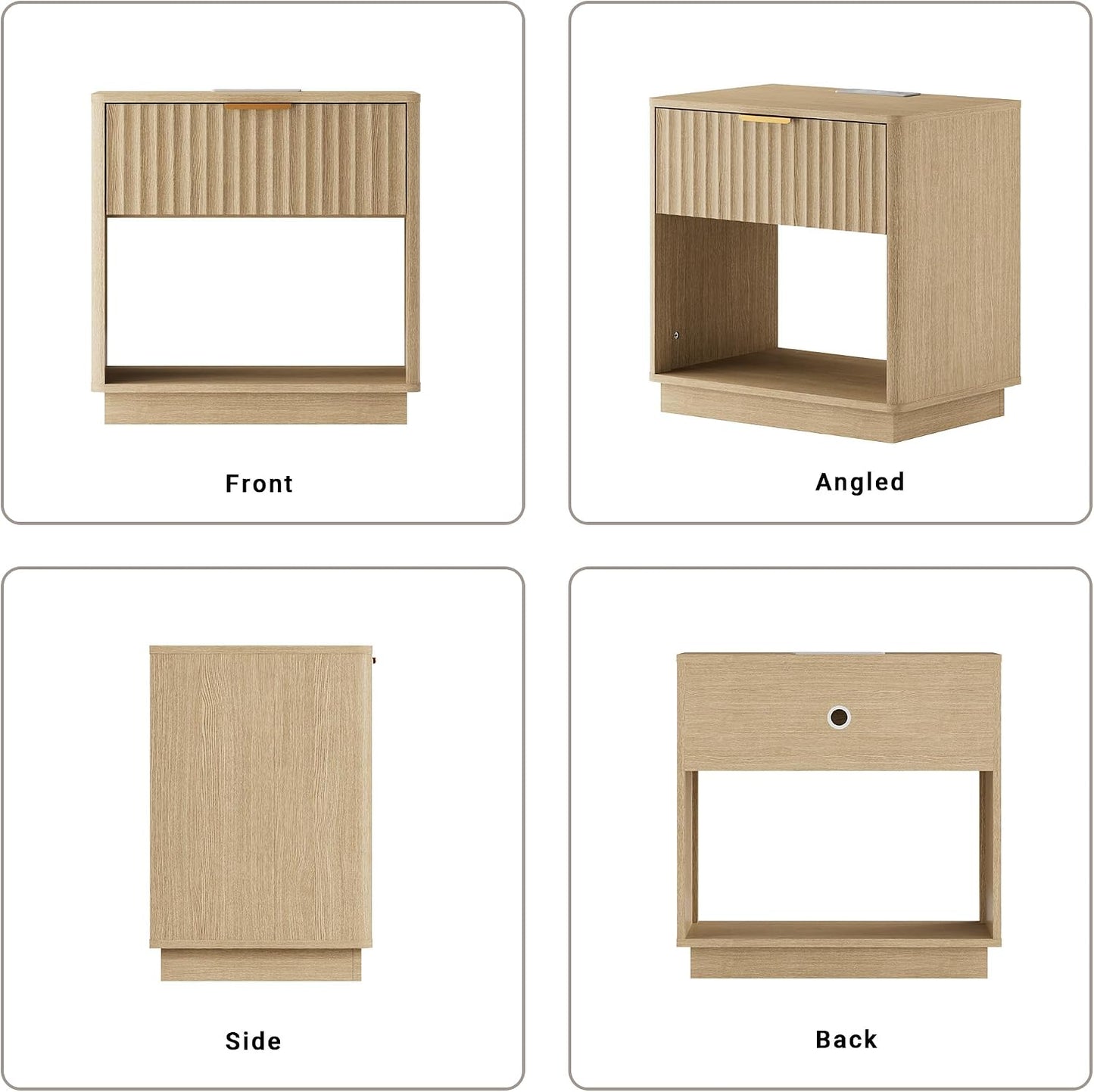 23" Modern Fluted Nightstand with Charging Station – Natural Oak Bedside Table