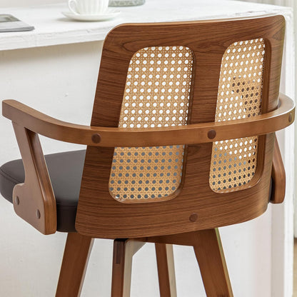Walnut Rattan Swivel Counter Stool with Arms Green Upholstered Seat