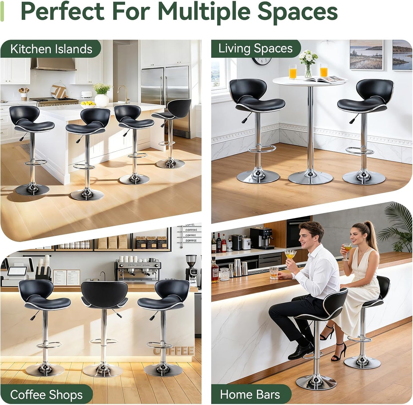 Blue Adjustable Bar Stools Set of 2 Modern Swivel Faux Leather Counter Chairs