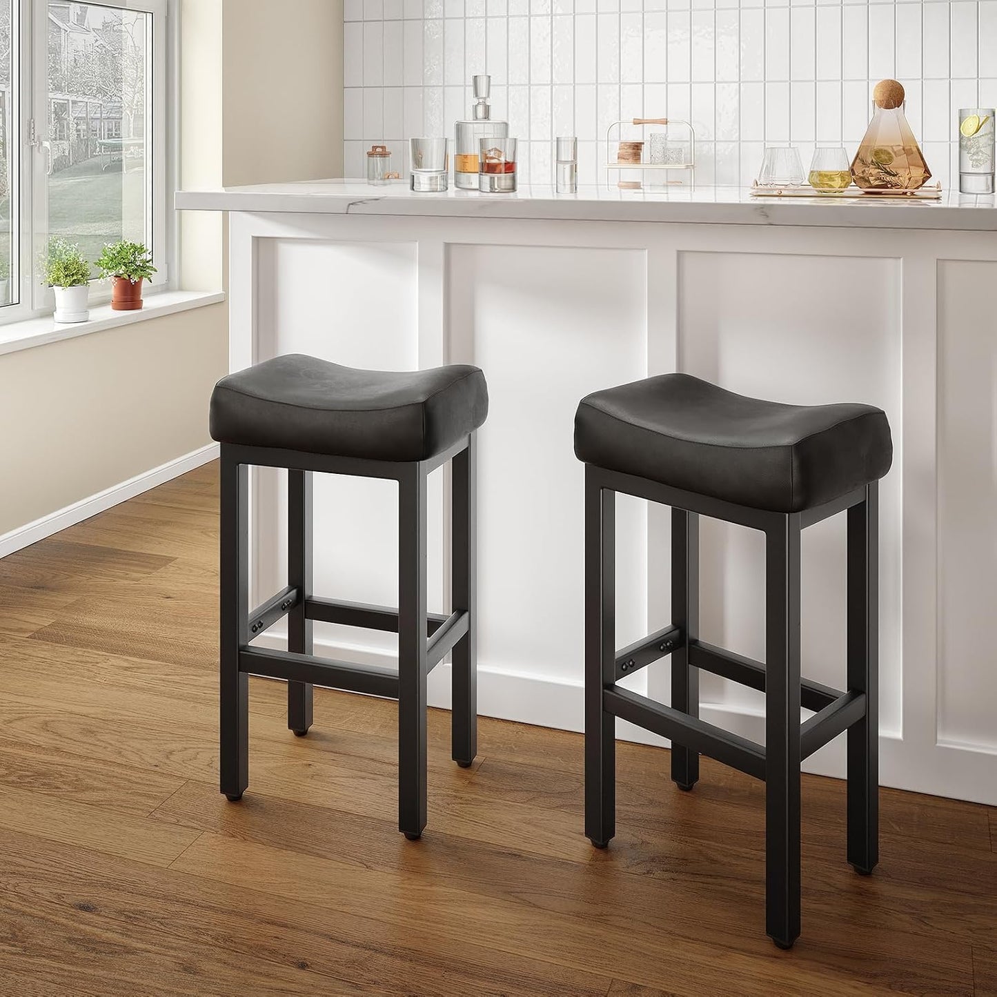 Black Bar Height Stools Set of 2 Upholstered Saddle Kitchen Seats
