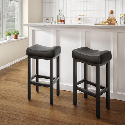 Black Bar Height Stools Set of 2 Upholstered Saddle Kitchen Seats