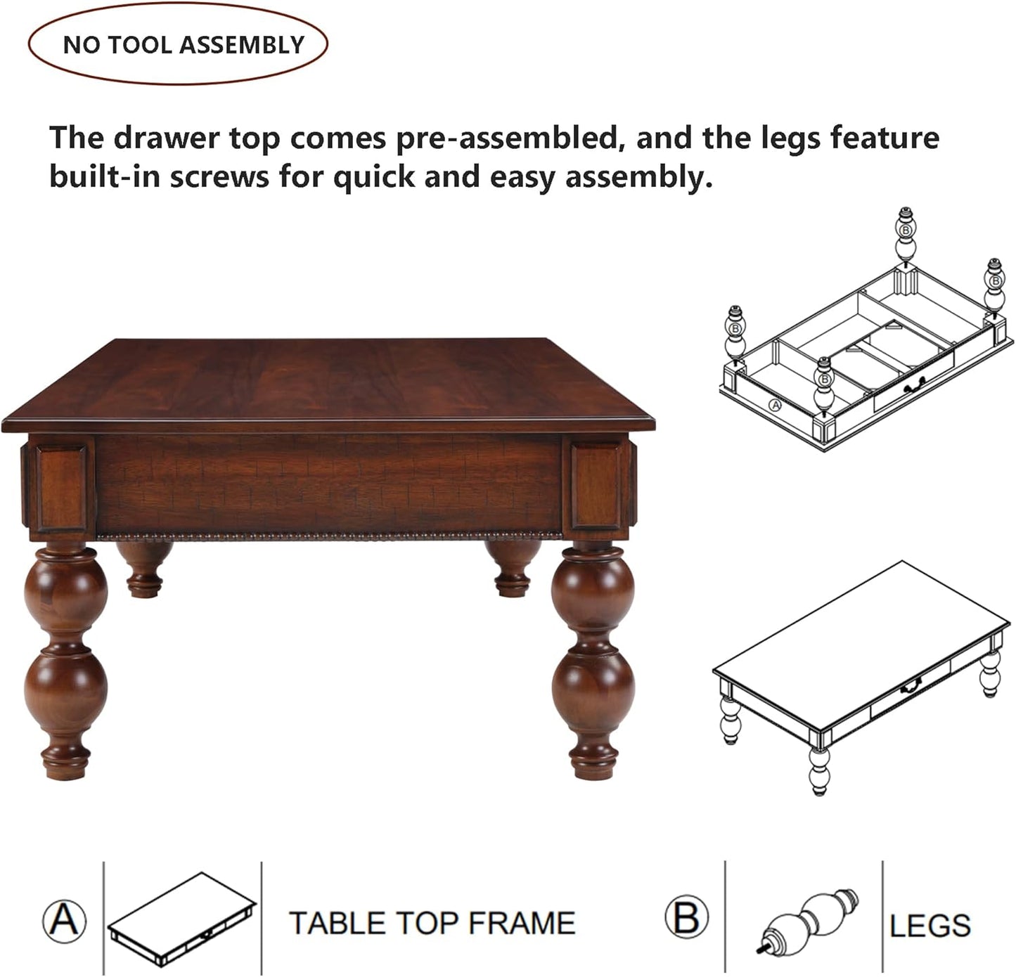 Traditional Walnut Coffee Table with Drawer Rustic Farmhouse Wood Living Room Table