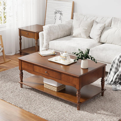 Solid Wood Coffee Table with Drawer Cherry Walnut Storage Shelf Vintage Center Table