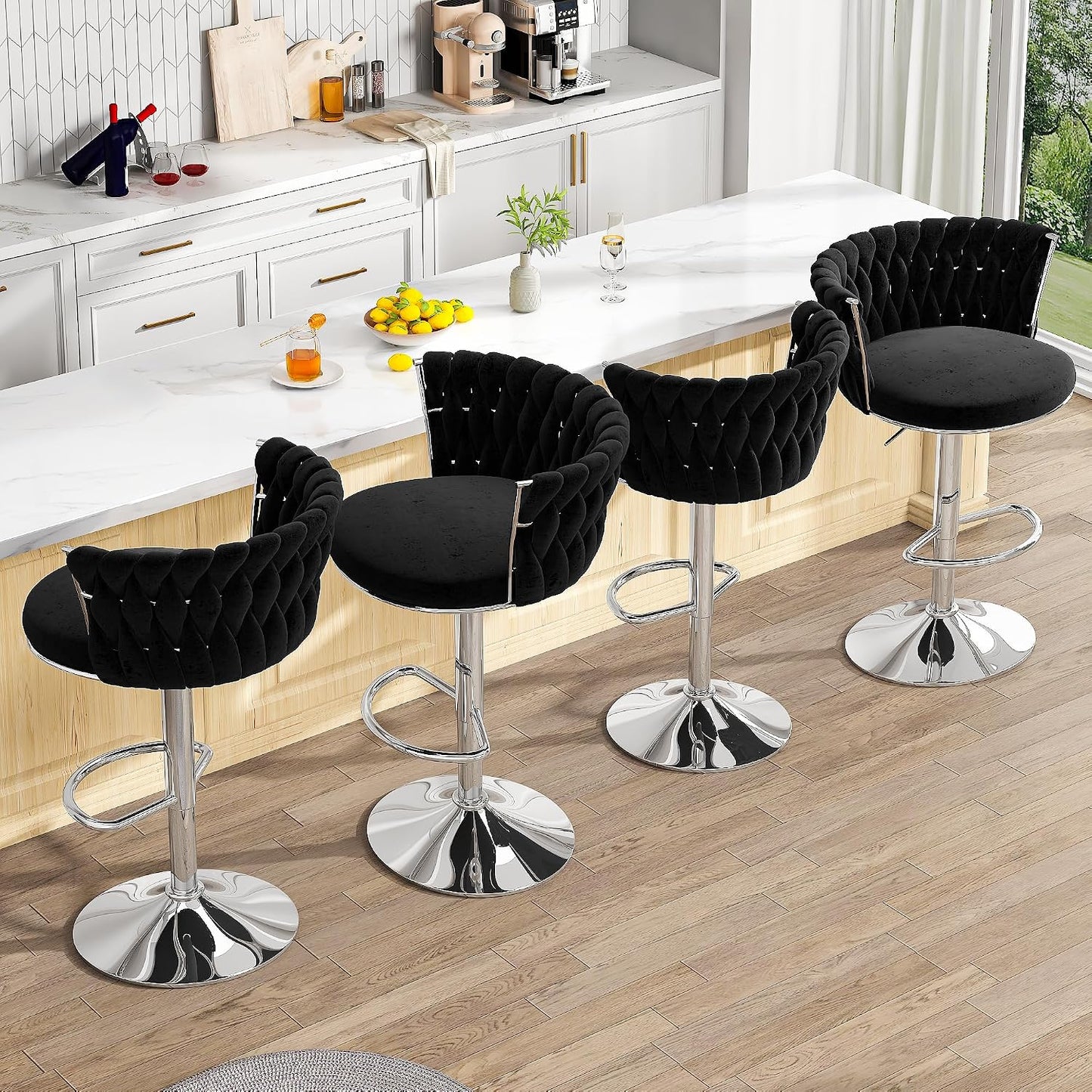 Black Velvet Swivel Bar Stools with Tufted Back Adjustable Height Set of 2