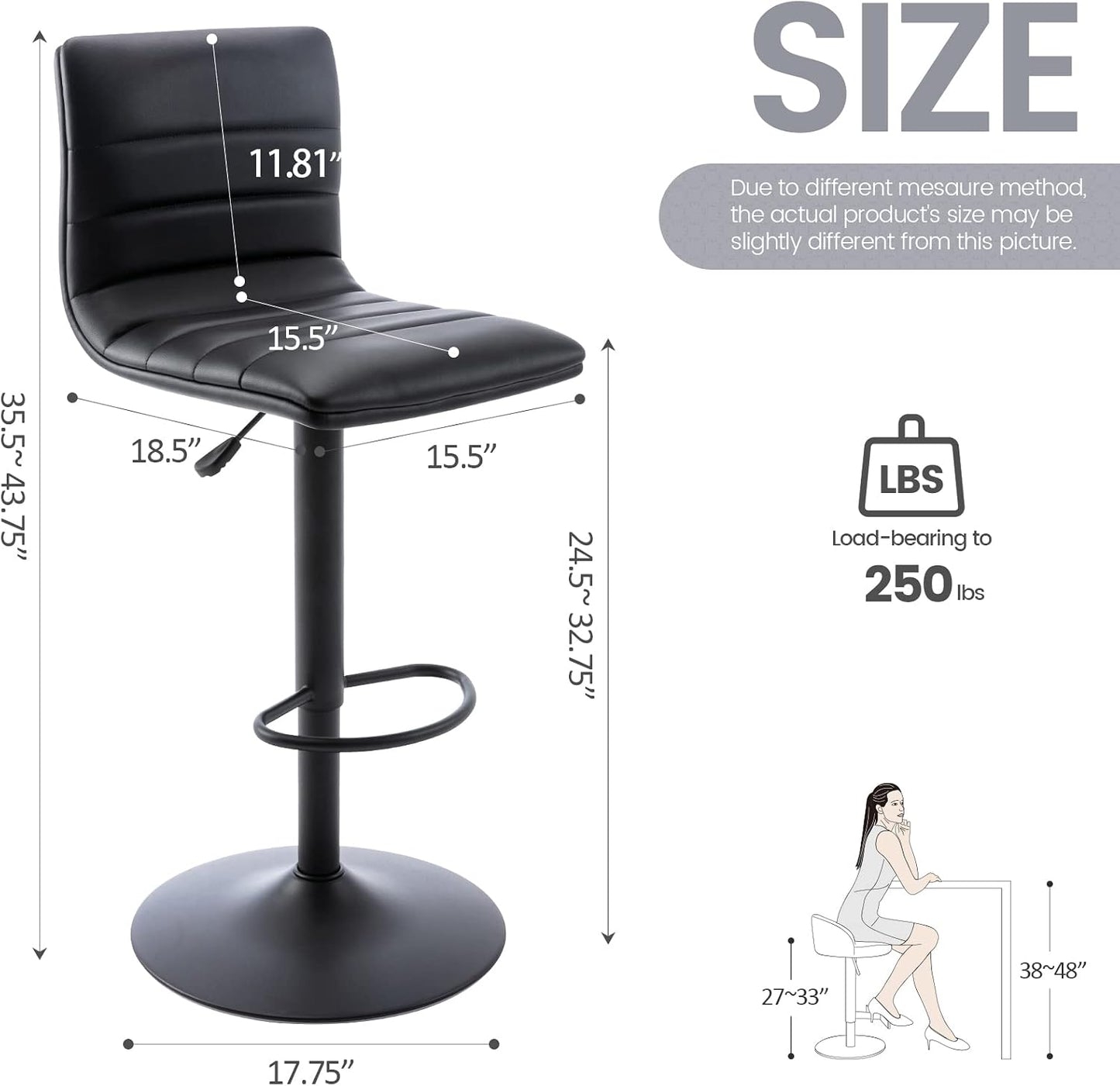 Black Adjustable Bar Stools Set of 2 Modern Swivel Faux Leather Chairs