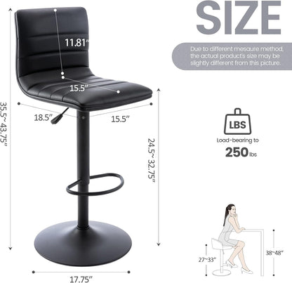 Black Adjustable Bar Stools Set of 2 Modern Swivel Faux Leather Chairs