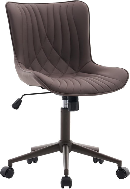 Brown Faux Leather Office Chair Adjustable Swivel Rolling Armless Desk Chair
