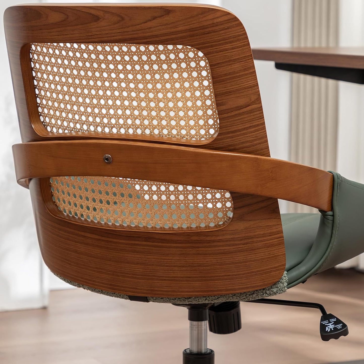 Walnut Rattan Office Chair Green Faux Leather Swivel Rolling Desk Chair