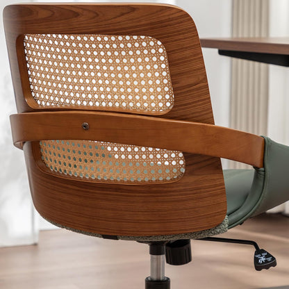Walnut Rattan Office Chair Green Faux Leather Swivel Rolling Desk Chair