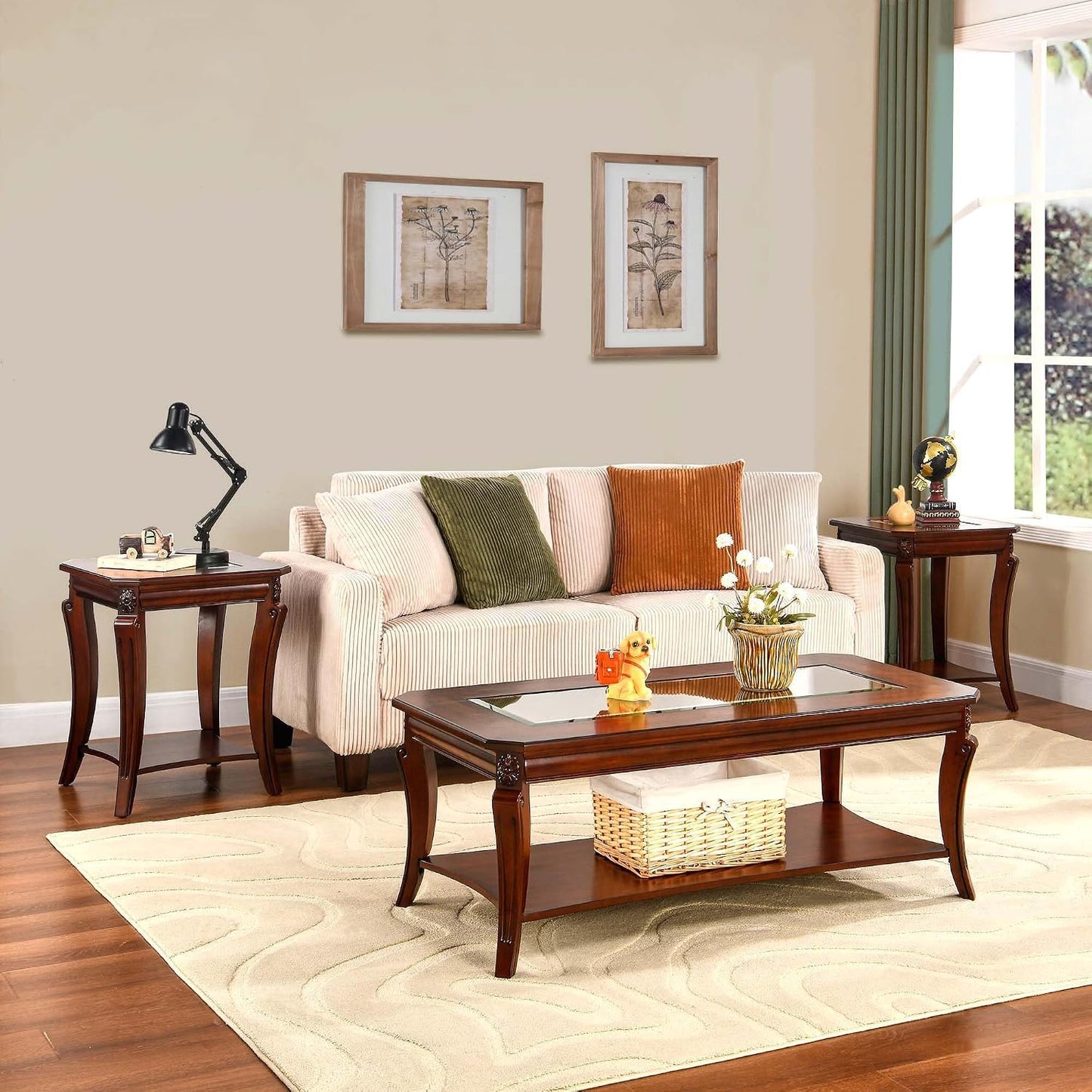 Solid Wood Glass Top Coffee Table Cherry Brown with Storage Shelf Classic Farmhouse Table