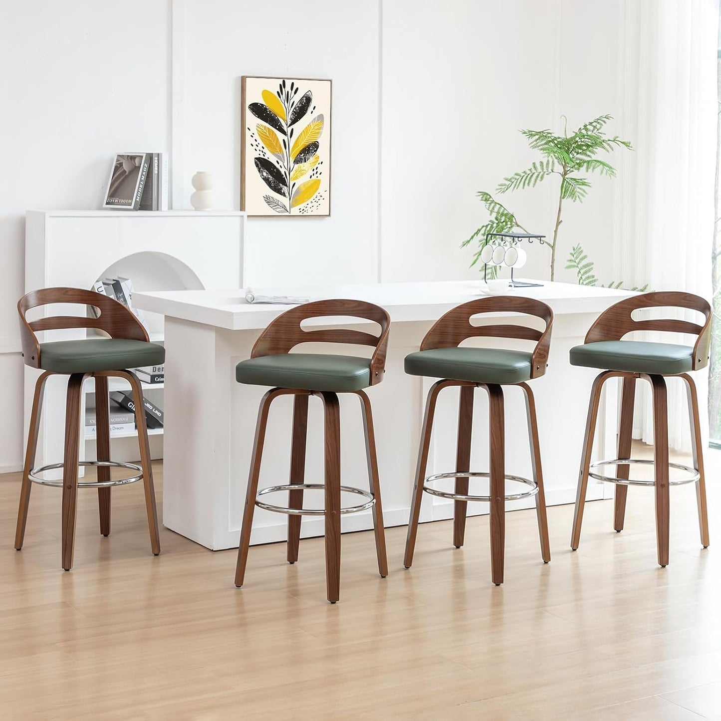 Walnut Green Swivel Counter Stool with Faux Leather Seat Mid Century Bar Chair