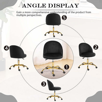 Black Velvet Vanity Chair Gold Base Adjustable Swivel Rolling Desk Chair