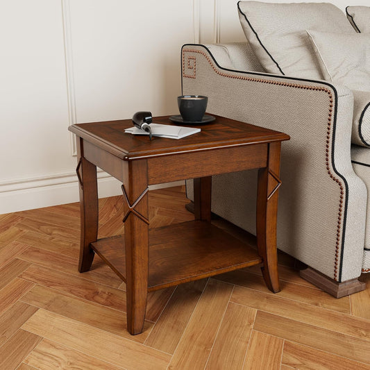 Solid Wood Square End Table with Lower Storage Shelf Cherry Walnut
