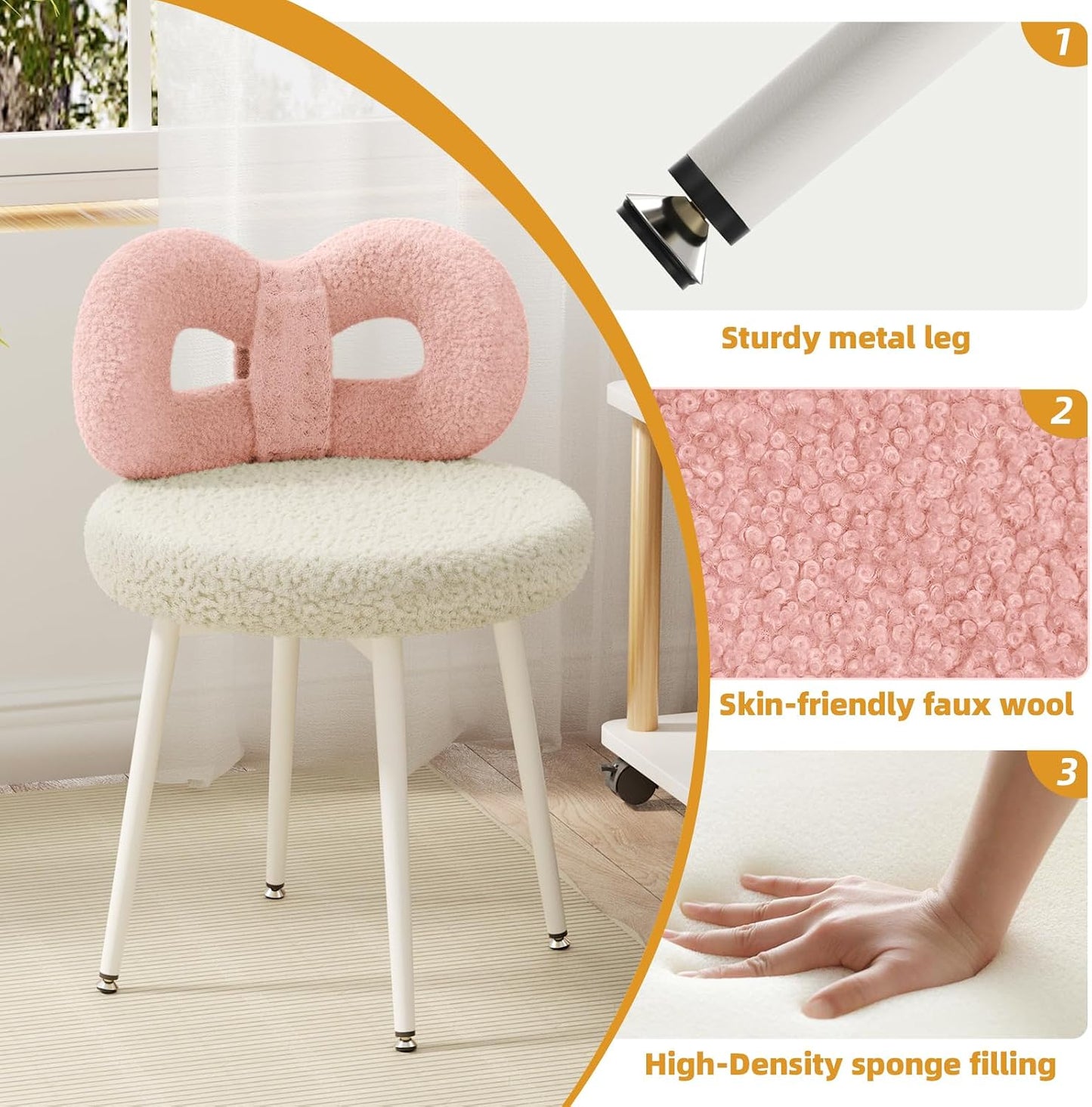 Pink Bow Vanity Chair Swivel Upholstered Makeup Chair with Metal Legs