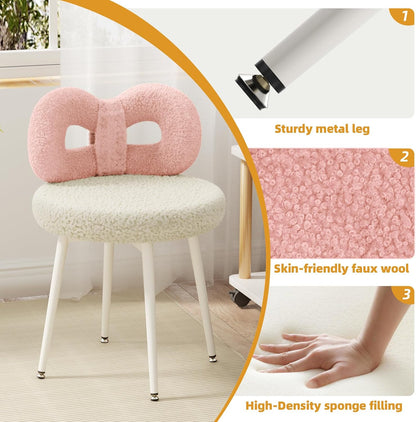Pink Bow Vanity Chair Swivel Upholstered Makeup Chair with Metal Legs