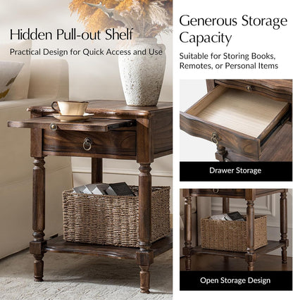 Walnut Spindle End Table with Drawer Charging Station and Pull Out Shelf