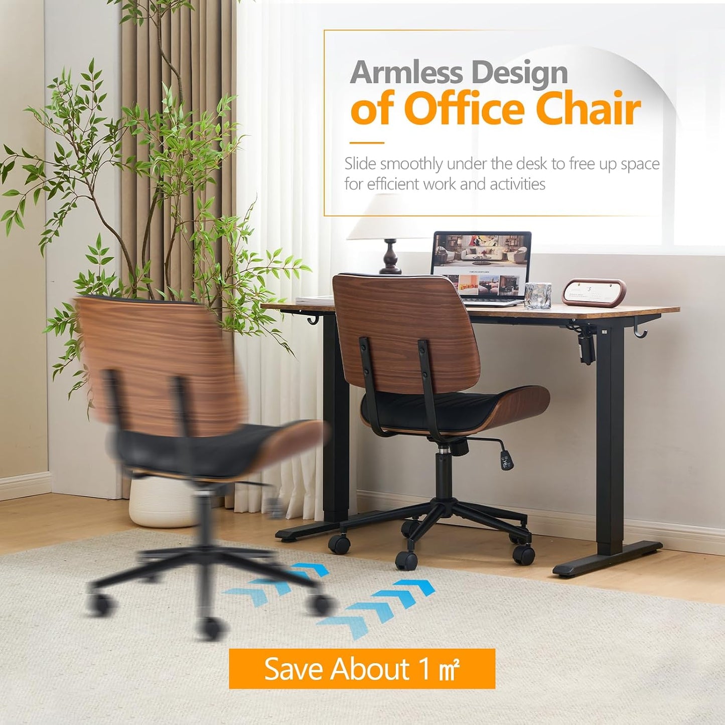 Walnut Office Chair Black PU Leather Adjustable Swivel Rolling Desk Chair