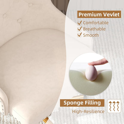 Beige Velvet Swivel Desk Chair Tufted Vanity Chair with Gold Base and Wheels