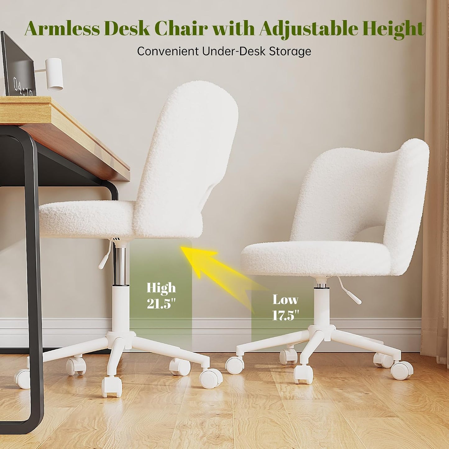 White Teddy Vanity Chair Armless Adjustable Swivel Desk Chair with Wheels