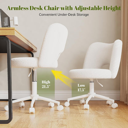 White Teddy Vanity Chair Armless Adjustable Swivel Desk Chair with Wheels