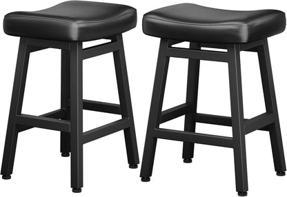24 Inch Black Counter Height Bar Stools Set of 2 Bonded Leather Saddle Seats