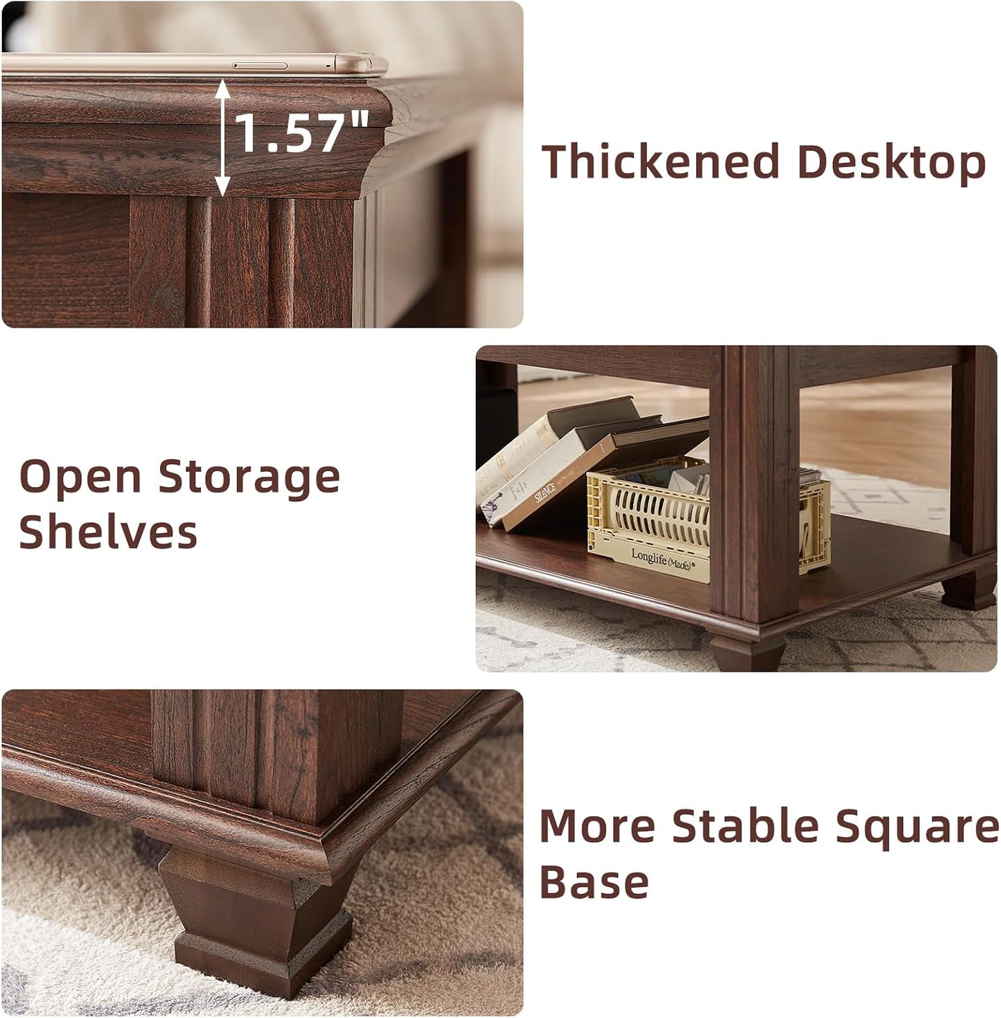 Farmhouse Walnut Coffee Table with Open Storage Shelf Rustic Wood Center Table