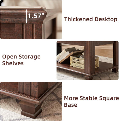 Farmhouse Walnut Coffee Table with Open Storage Shelf Rustic Wood Center Table