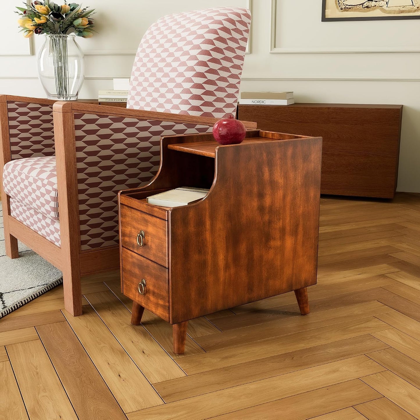 Solid Wood Narrow End Table with 2 Drawers Pull Out Tray