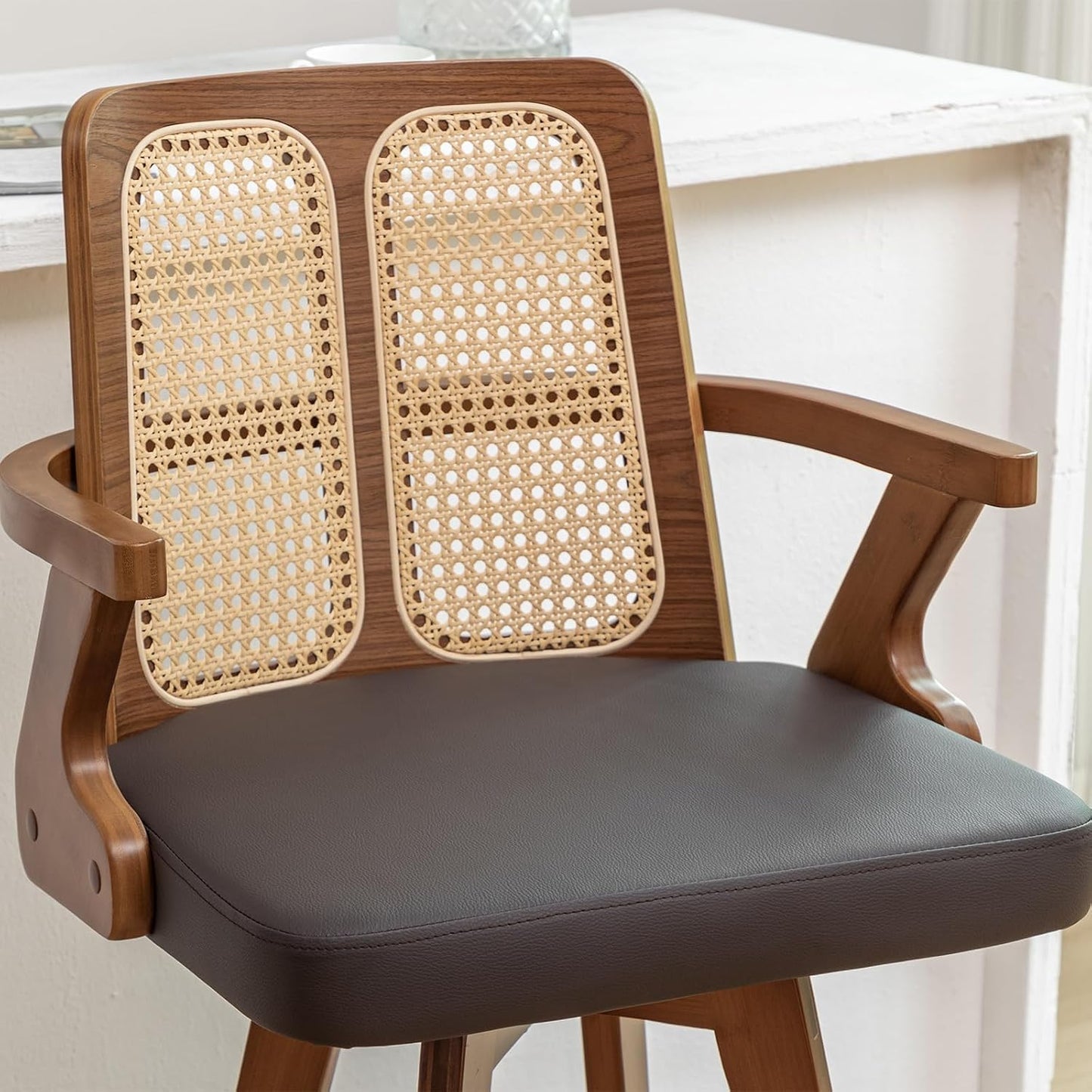 Walnut Rattan Swivel Bar Stools with Arms Beige Upholstered Seat Set of 2