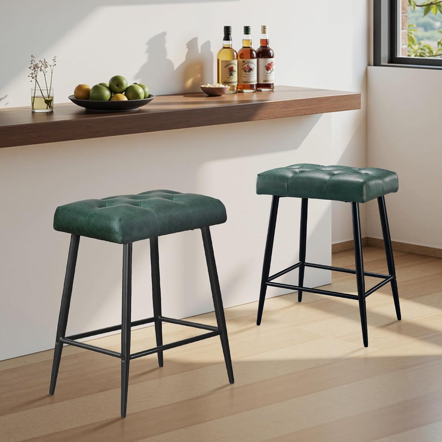 Green Counter Height Bar Stools Set of 2 Upholstered Saddle Seats