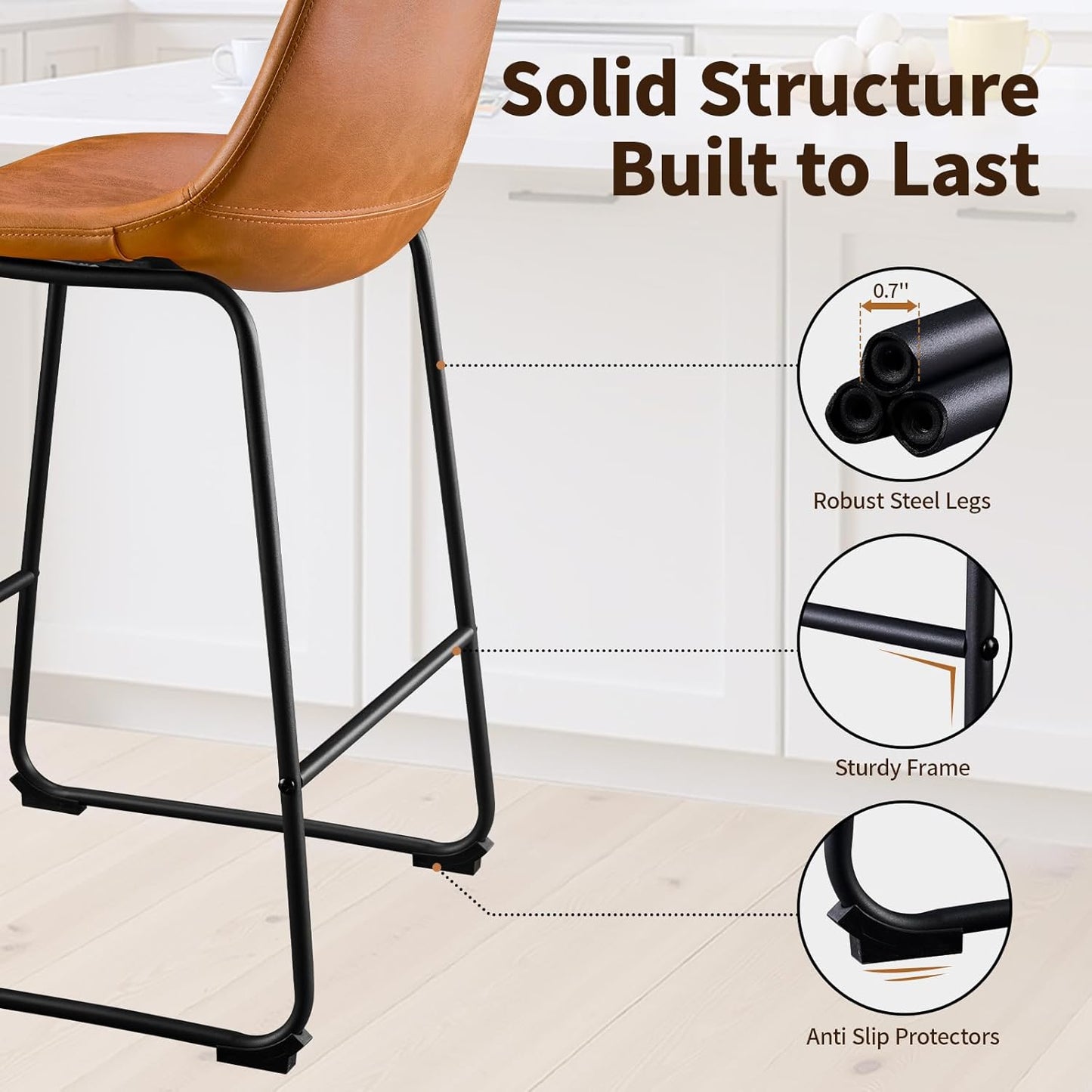 Brown Counter Height Bar Stools Set of 2 Upholstered Kitchen Chairs