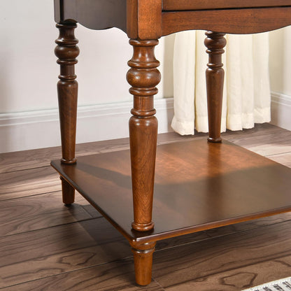 Solid Wood End Table Caramel Brown with Drawer and Storage Shelf Vintage Nightstand